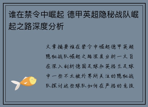谁在禁令中崛起 德甲英超隐秘战队崛起之路深度分析